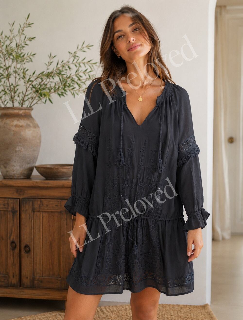 Ulla Johnson Silk Embroidered Peasant Boho Dress Size 4 black Fringe Tassel
